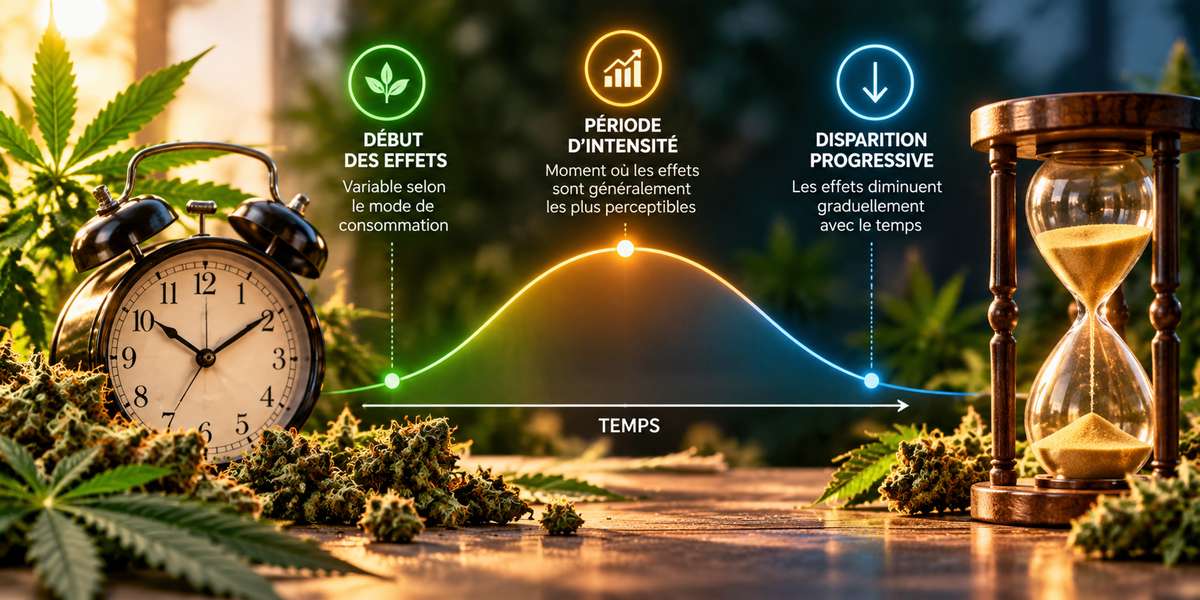 Illustration de la durée des effets du D10 avec une horloge, un sablier et une courbe montrant le début, l'intensité et la disparition progressive des effets.