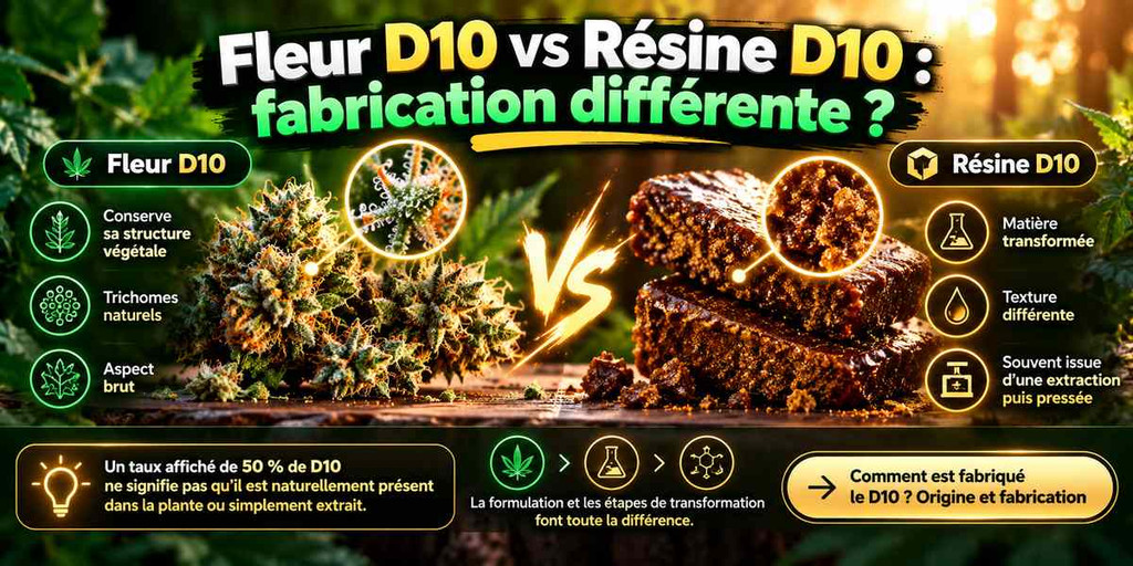 Comparaison de la fabrication d'une fleur D10 et d'une résine D10, illustrant leurs différences de structure végétale, de transformation et de formulation.