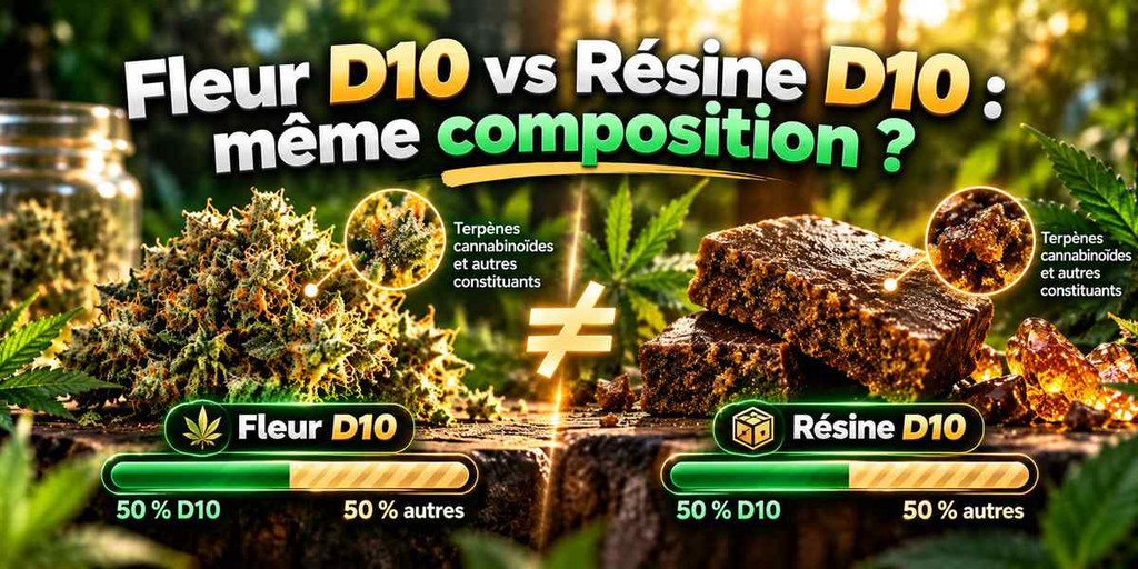 Comparaison de la composition d'une fleur D10 et d'une résine D10, avec un exemple de taux identique de 50 %.