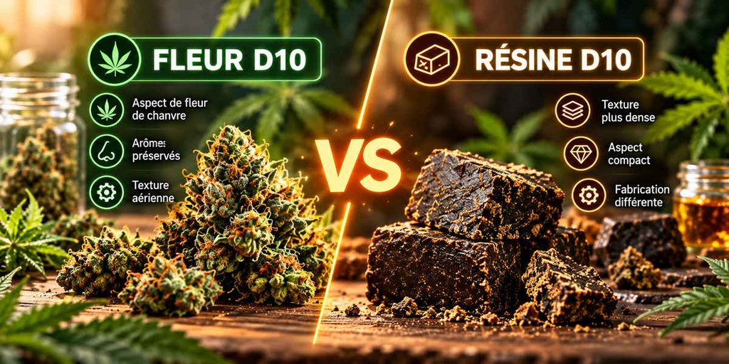 Fleur D10 et résine D10 : comparaison visuelle des deux formes de produits à base de chanvre.