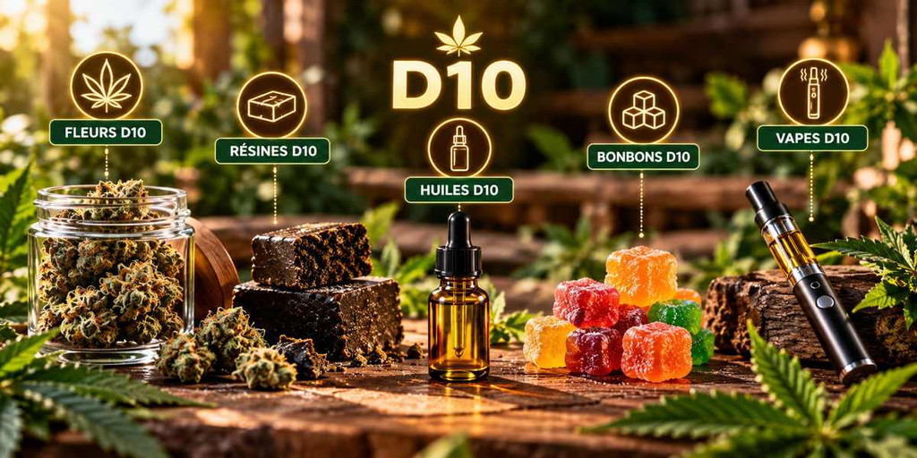 Différentes formes de D10 : présentation de fleurs de chanvre, résines et extraits de cannabinoïdes.