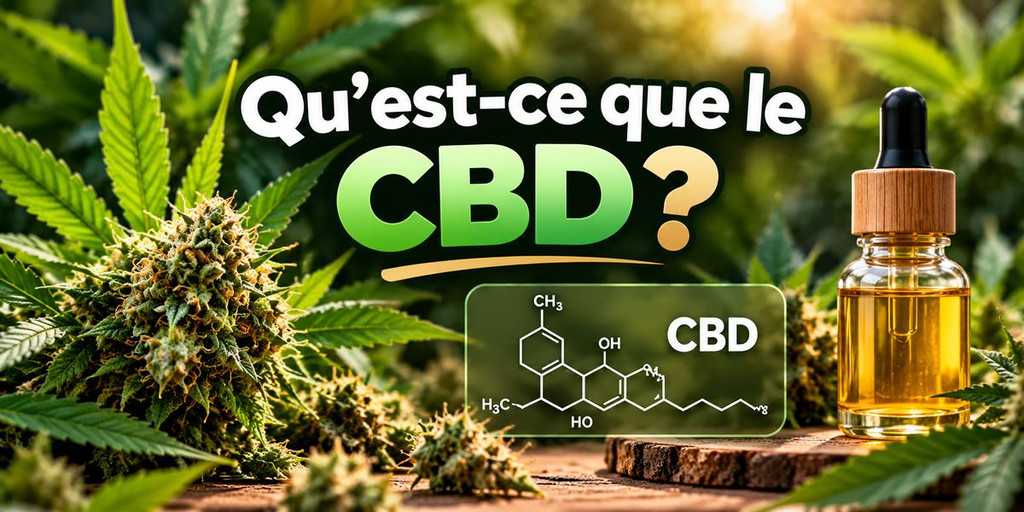 Illustration du CBD avec fleurs de chanvre et flacon d'huile, expliquant ce qu'est le cannabidiol