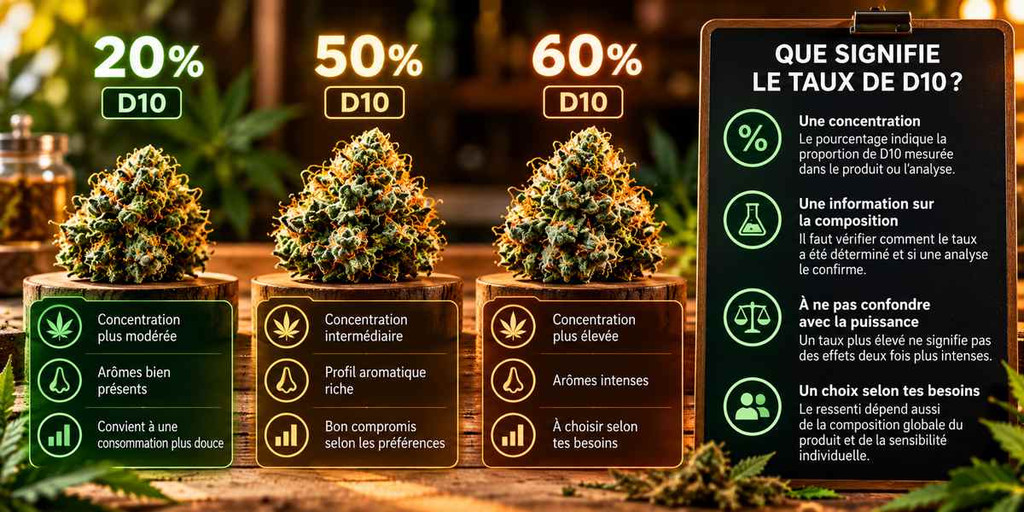 Infographie D10 comparant les concentrations de 20 %, 50 % et 60 %, avec des fleurs de chanvre et des explications sur les taux, la composition et la puissance. Copier